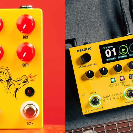 JHS Double Dragon Lo-Fi Octave pedal and NUX Dual-Loop Stereo looper pedal in yellow enclosures