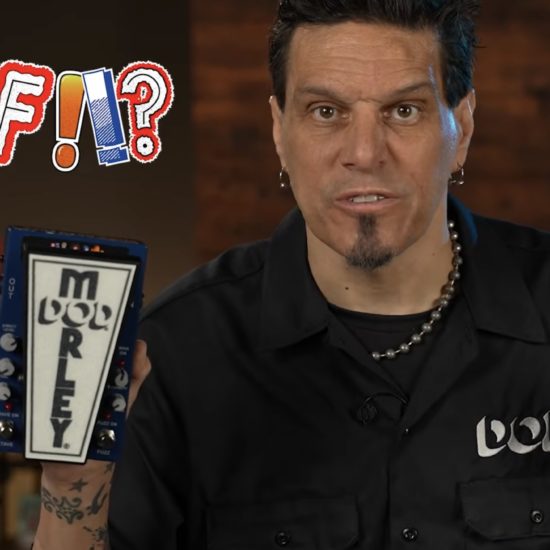 A photo of the demo video for the DOD and Morley Wah-ocTo-Fuzz pedal