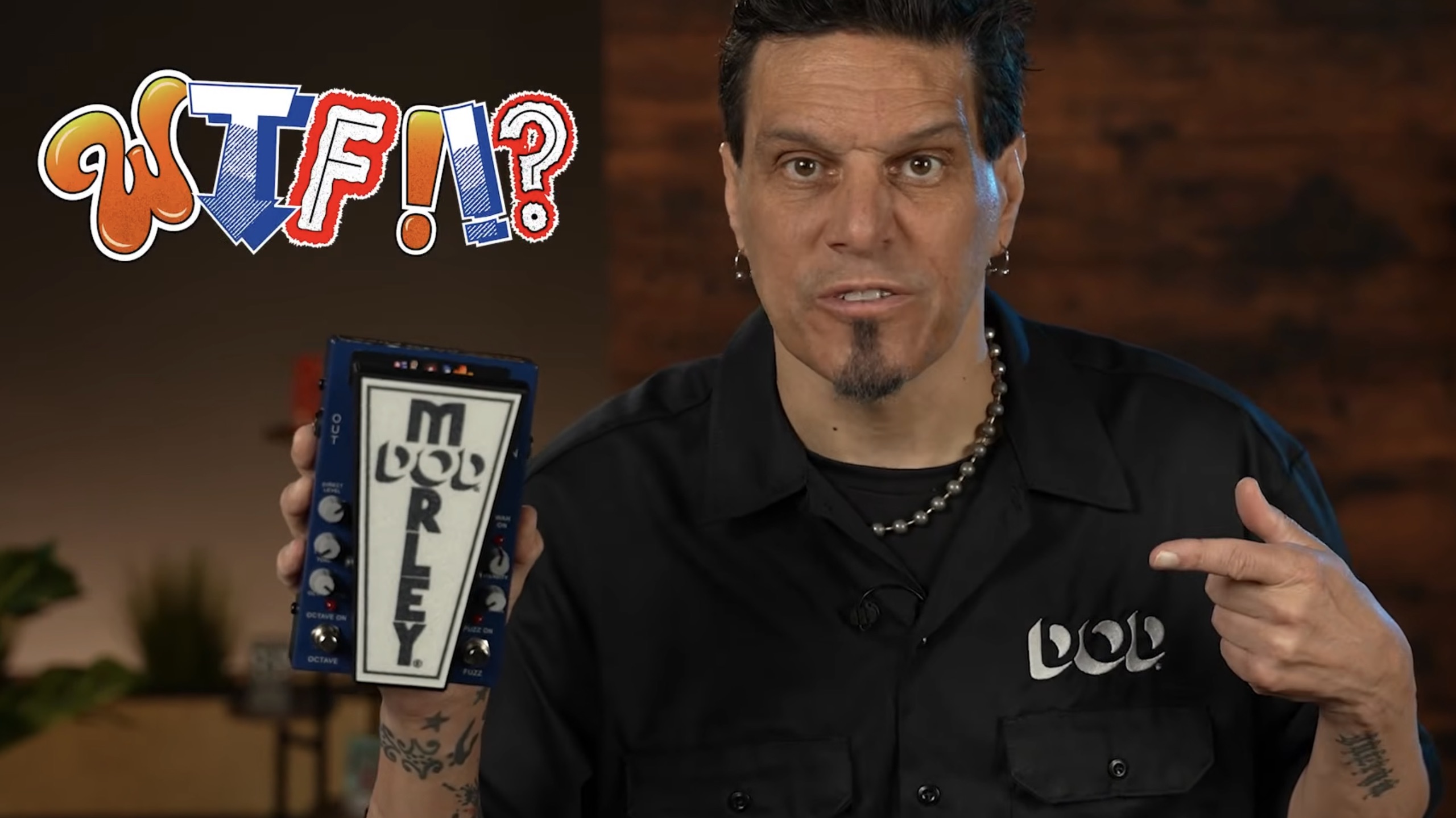 A photo of the demo video for the DOD and Morley Wah-ocTo-Fuzz pedal