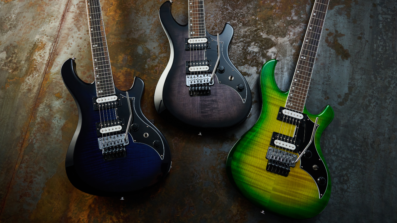 A photo of the Gibson Victory Floyd Rose in Deep Ocean Burst, Translucent Ebony Burst, and Iguana Burst