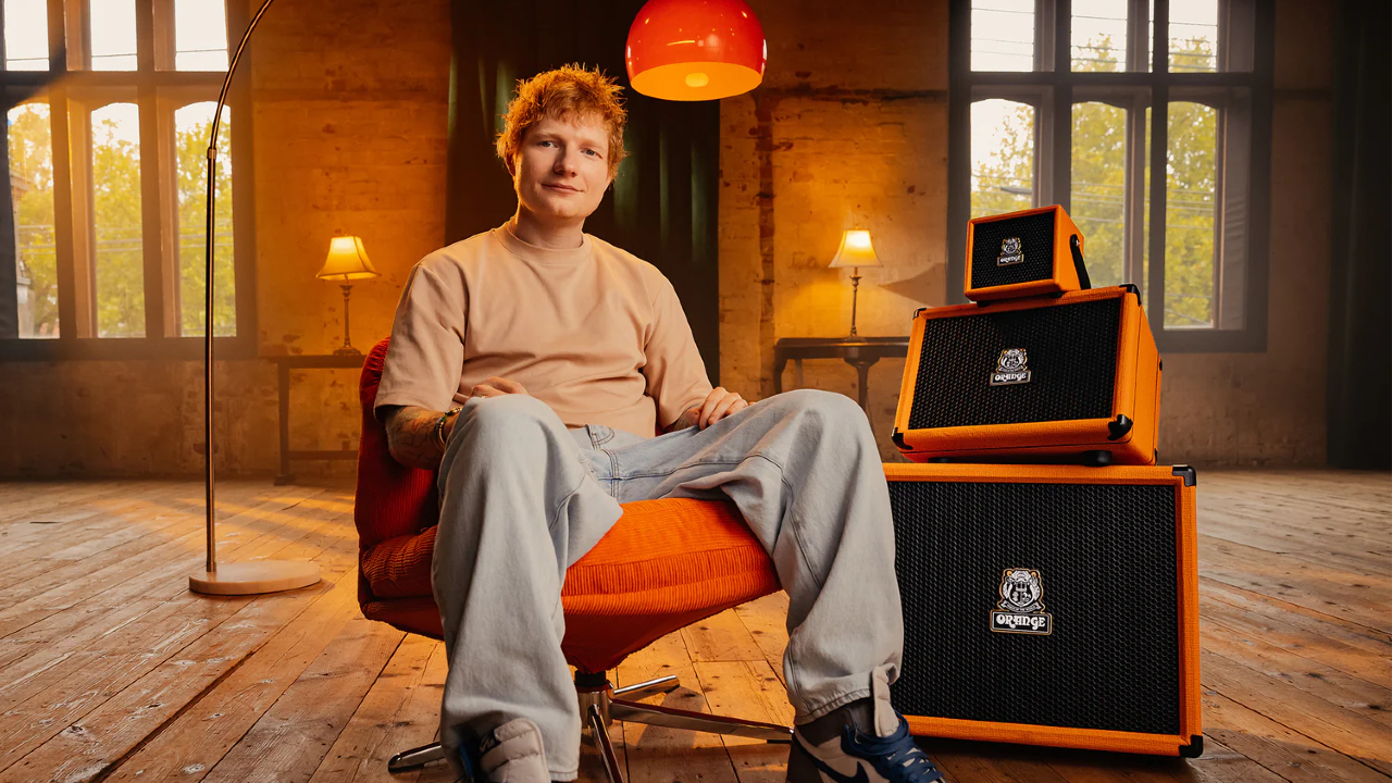 A photo of Ed Sheeran and the line of Orange ES amplifiers