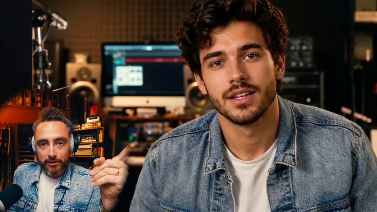 A photo of Rhett Shull speaking on an AI duplicate of himself
